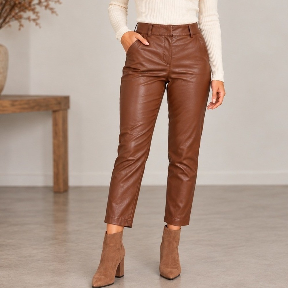 LOFT Faux Leather Curvy Tapered Pants Cognac Brown High Rise Ankle Office Chic 2